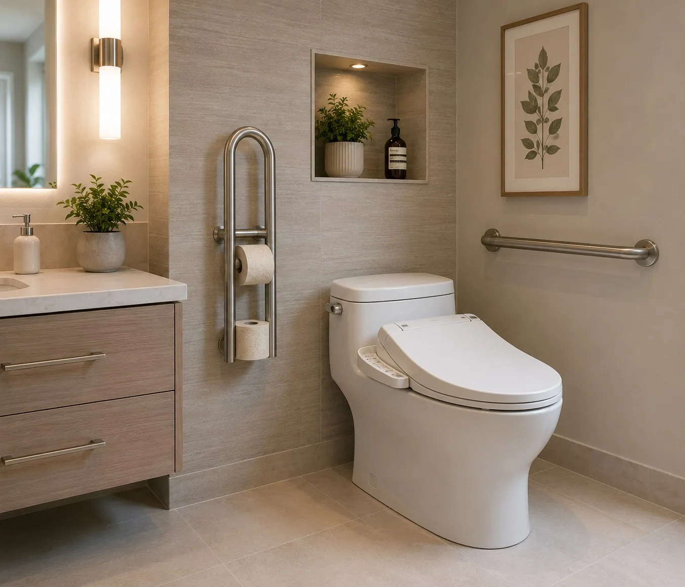 A secure grab bar installed beside a toilet in a renovated accessible bathroom