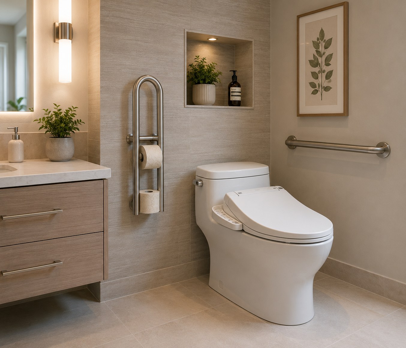 A secure grab bar installed beside a toilet in a renovated accessible bathroom
