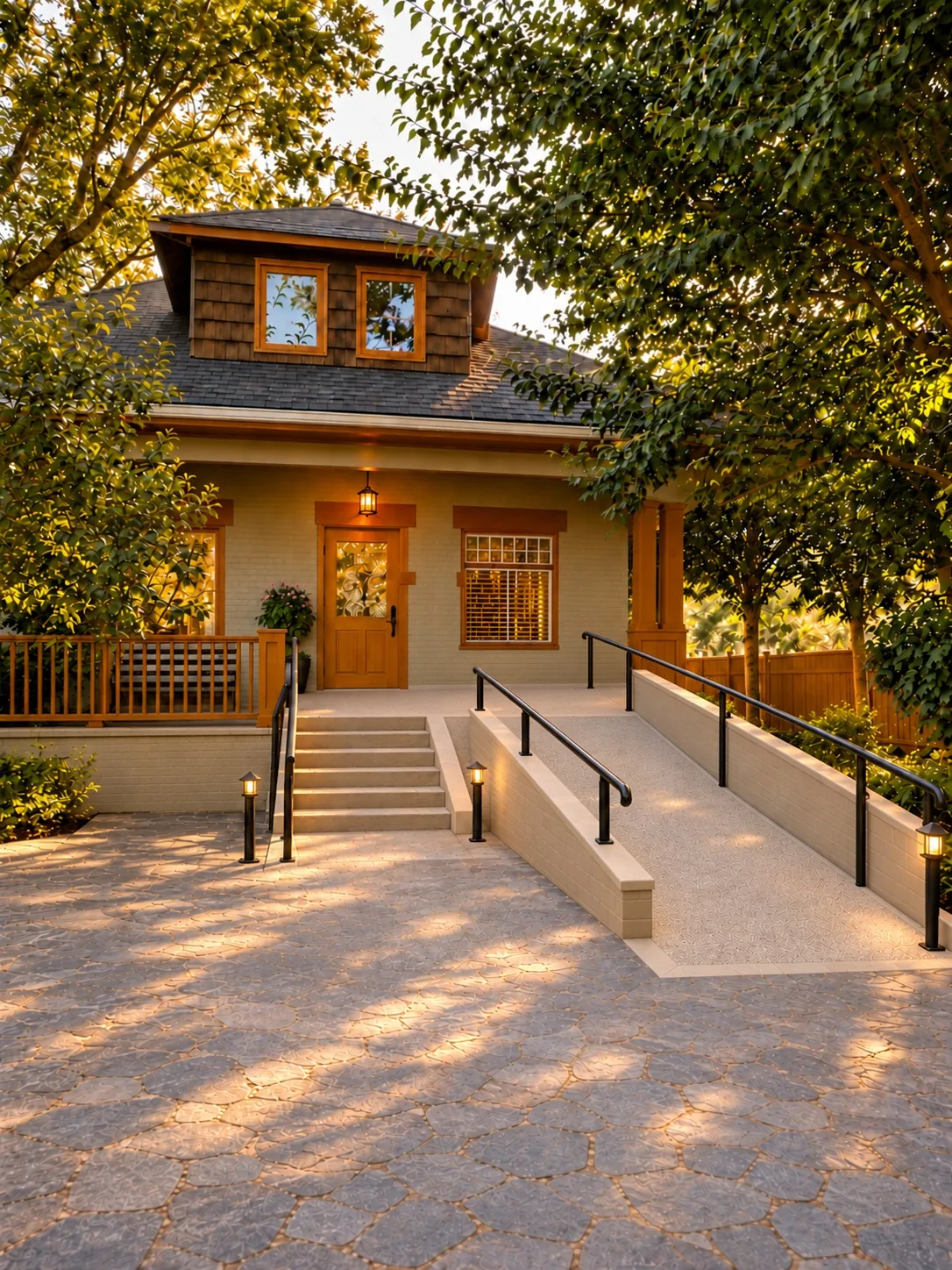 A character home's front entrance with a wheelchair ramp built alongside the steps, blending naturally into the garden and architecture