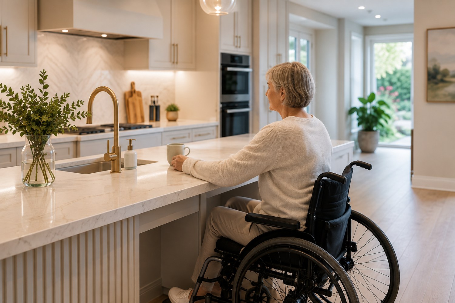 A woman using her wheelchair to move comfortably through her own open, accessible kitchen