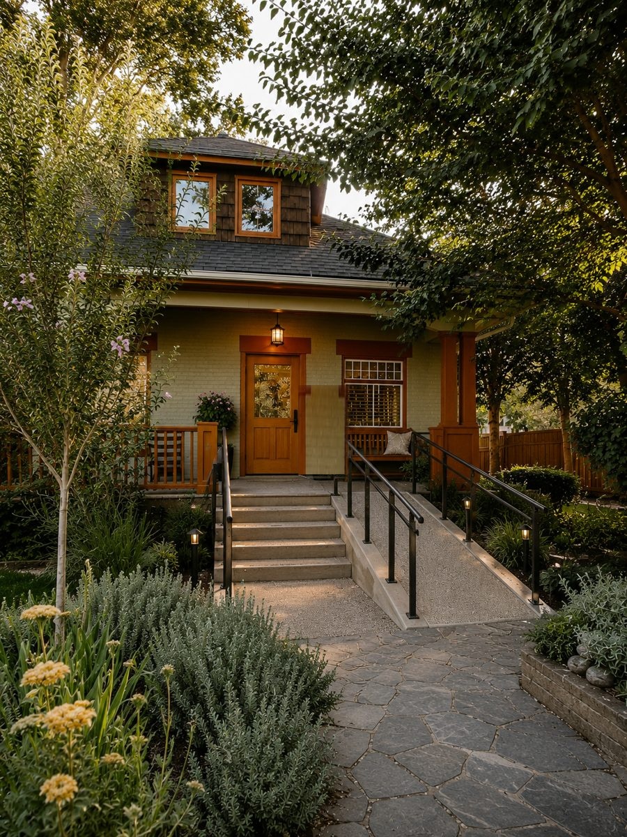A character home's front entrance with a wheelchair ramp built alongside the steps, blending naturally into the garden and architecture